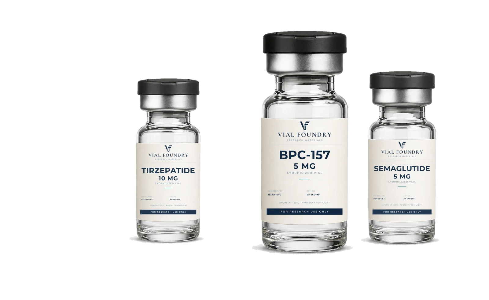 Vial Foundry research peptide vials: BPC-157, Tirzepatide and Semaglutide